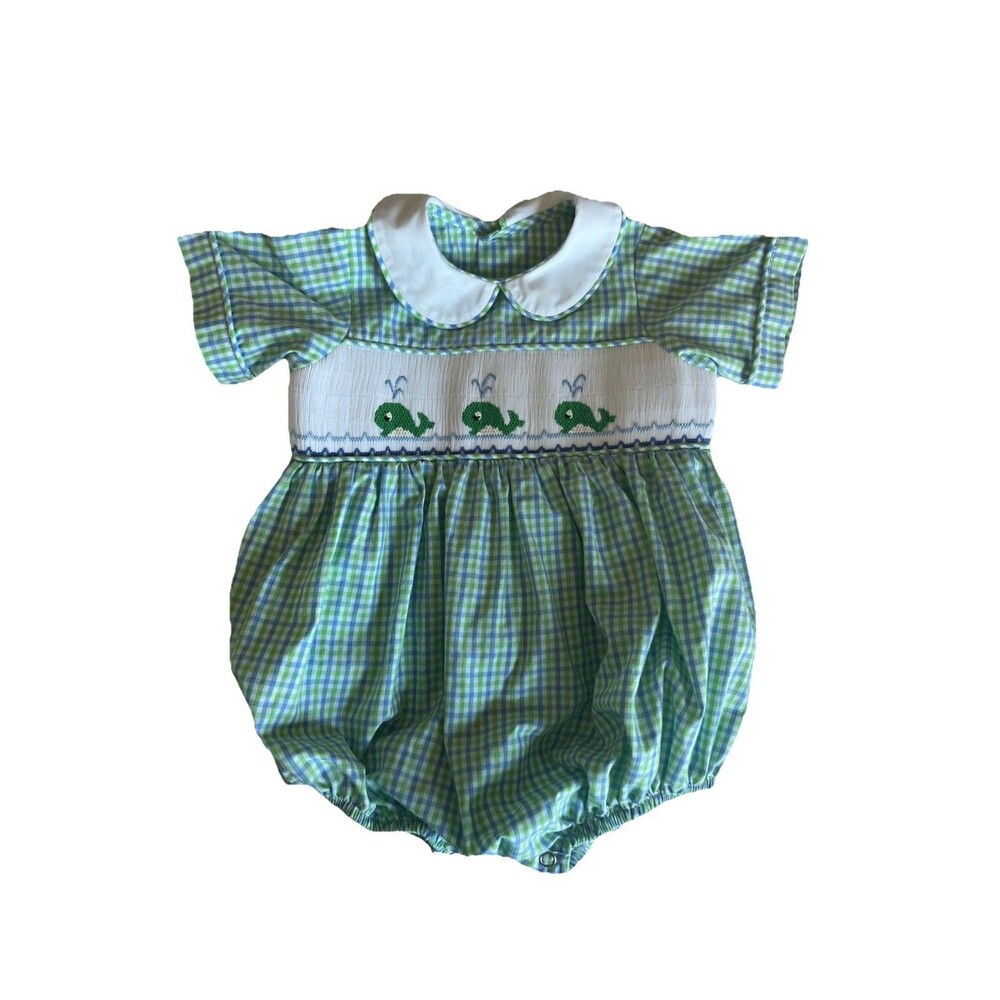 Remember Nguyen Boys One Piece Romper 18M Green Embroidered Pleated Whales
